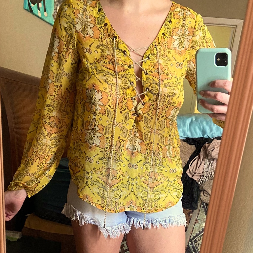 Yellow/ orange pattern long sleeve tie up shirt